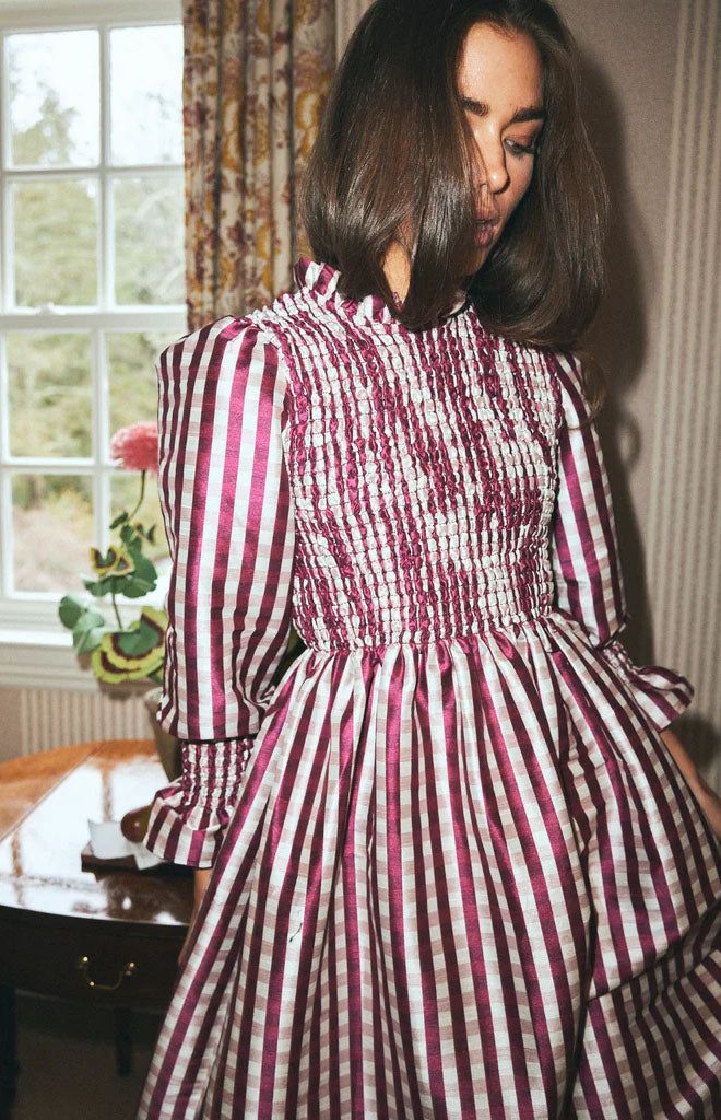 Wine gingham smocked dress