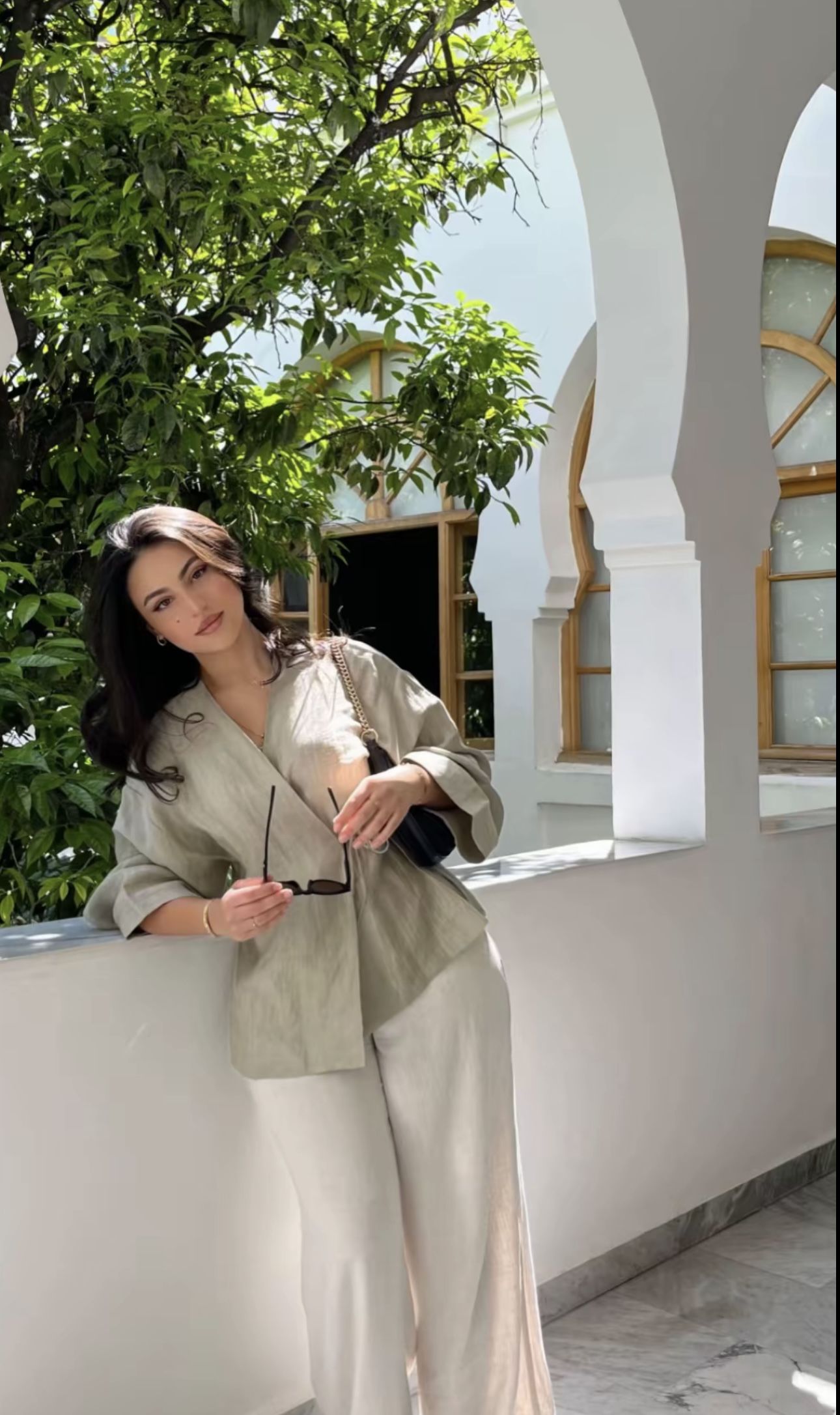 Linen blazer + cream wide-leg pants