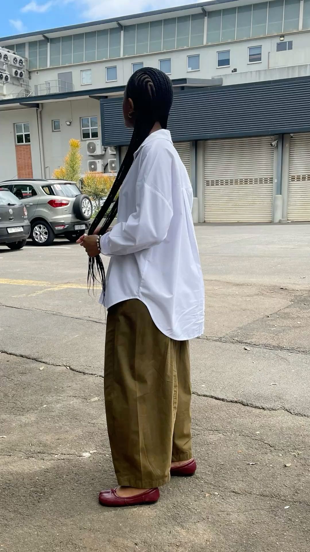 White shirt + olive pants